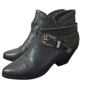 Dingo vintage black leather boot heeled bootie silver buckle strap womens 8